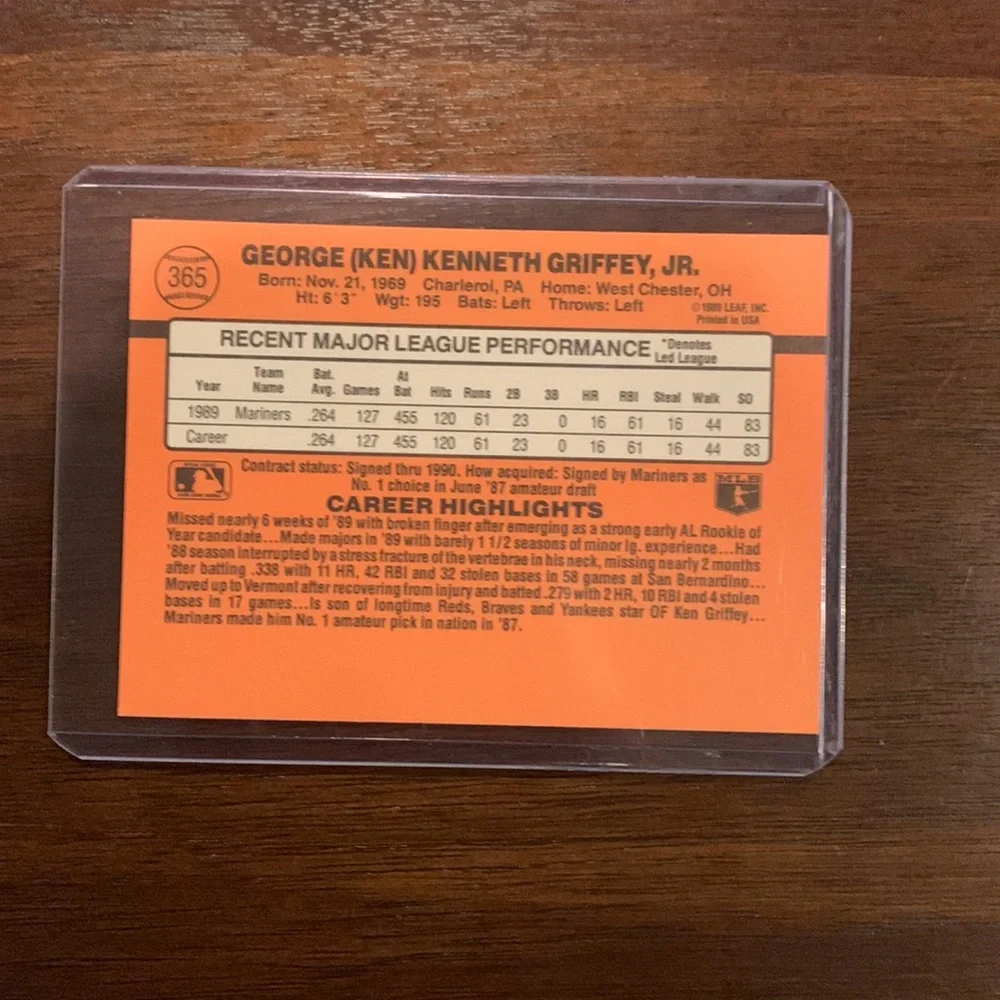 Ken Griffey Jr 1990 Donruss Card #365 - Picture 2 of 2